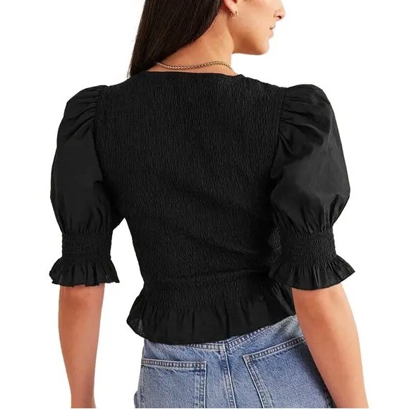 new 100% cotton boden black smocked v neck short sleeve top! - Picture 2 of 2